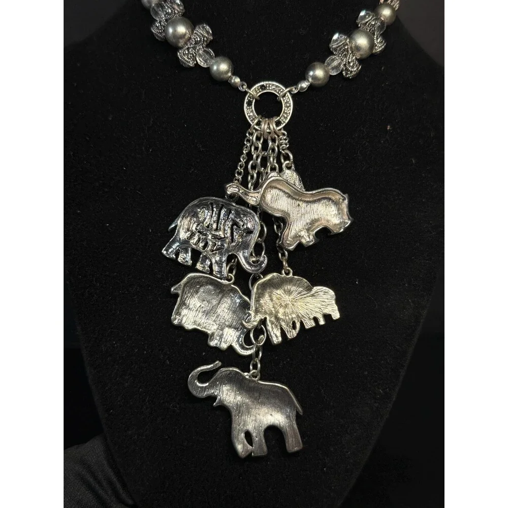 Vintage Silver Tone Elephant Charm Necklace Art Deco Style Marcasite Look